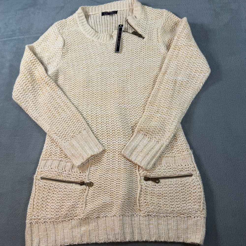 Effeci Creazioni Womens Beige Ivory Knit Zip Neck Pocket Tunic Sweater S T13025